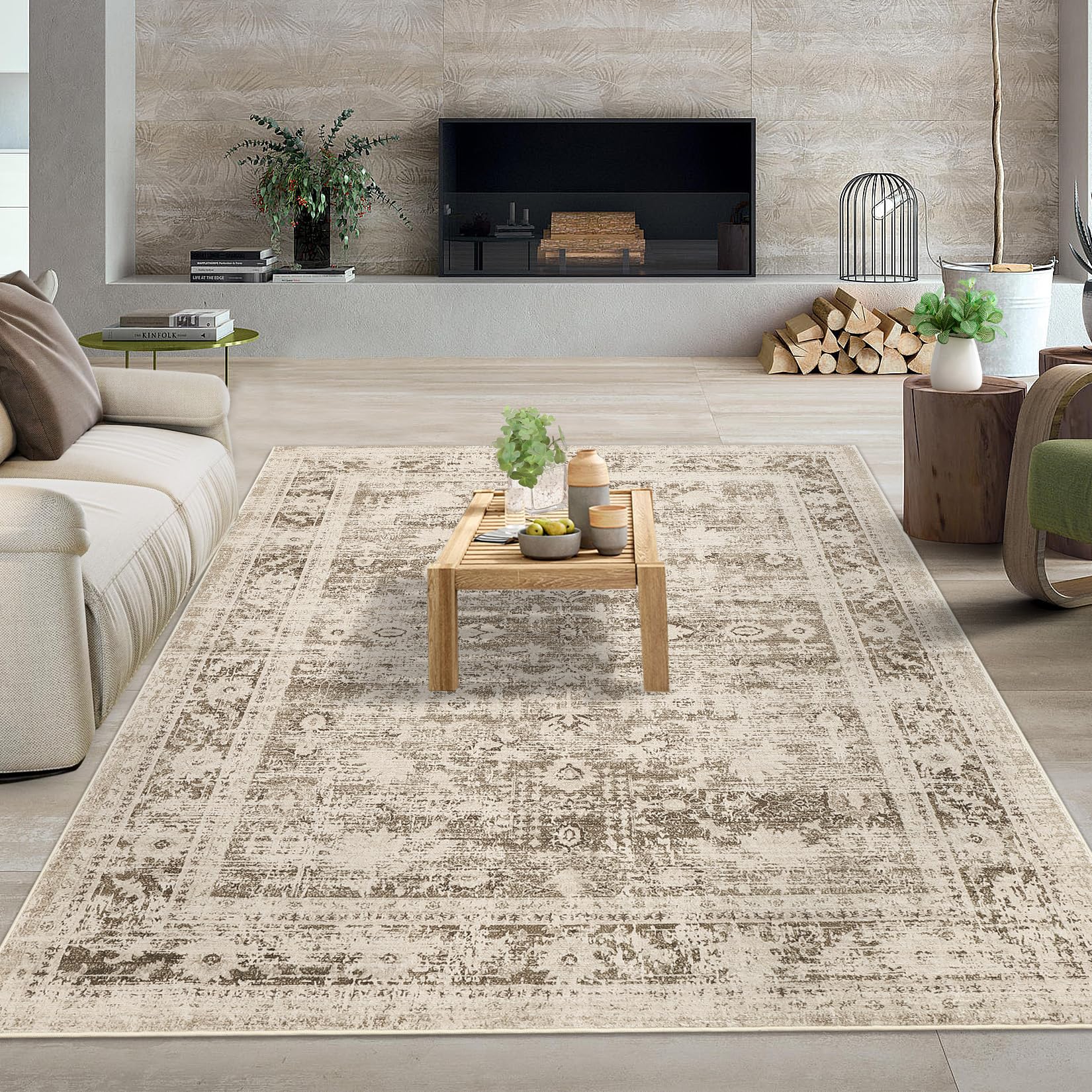 Alfombra lavable Garvee 160x230 cm marrón con diseño floral efecto cachemira para salón y dormitorio
